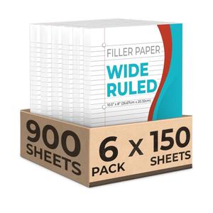 Rosmonde 900 Sheets Loose Leaf Paper, 6 Pack, Wide Ruled Filler PaperBulk Office Filler Paper, 8" x 10.5", 3 Hole Punched, 150 Sheets/Pack, Wide Ruled Notebook Paper for Binder, White