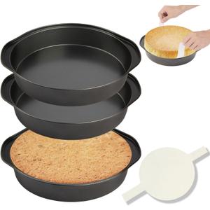 8" Round Cake Pan, 3PCS Nonstick Cake Pans with 100 PCS Parchment Paper, Carbon Steel Cake Baking Pans with Handle, Dishwasher Safe