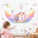 Unicorn Wall Decals for Girls Room - Fantastic Unicorn Wing Flower Vinyl Wall Stickers for Kids Baby Nursery Girls Bedroom Decor