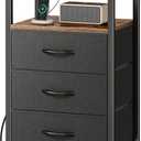 Huuger Nightstand with Charging Station, 27.6 Inch End Table Bedside Table with USB Ports and Outlets, Fabric Drawers, Night Stand for Bedroom, Rustic Brown and Black, 11.8"D x 15.7"W x 27.6"H