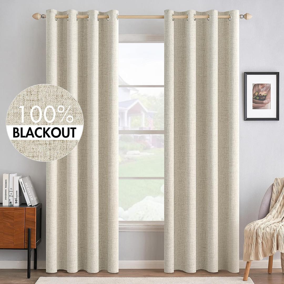 MIULEE 100% Blackout Linen Textured Curtains for Bedroom Solid Thermal Insulated Cream Grommet Room Darkening Curtains & Drapes Luxury Decor for Living Room Nursery 52 x 96 Inch (2 Panels)