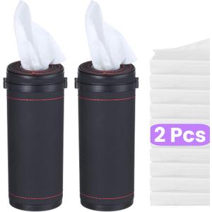 2 Pcs Leather Round Tissues Container with Tissues Cylinder Tissue Box with Window Breaker for Vehicle Bathroom Office (Black)