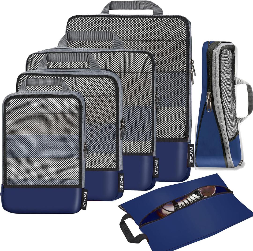 BAGAIL 4 Set/6 Set/8 Set Compression Packing Cubes Travel Accessories Expandable Packing Organizers(Navy HalfMesh 6 Set) (6-Navy)