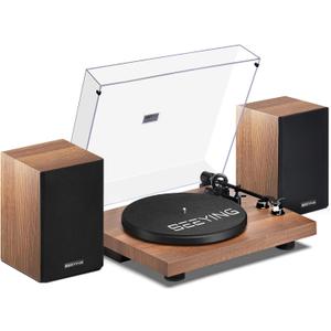Record Player Vinyl Bluetooth Turntable with 36 Watt Stereo Bookshelf Speakers, Hi-Fi System with Magnetic Cartridge, USB Recording and Auto Stop (Brown)