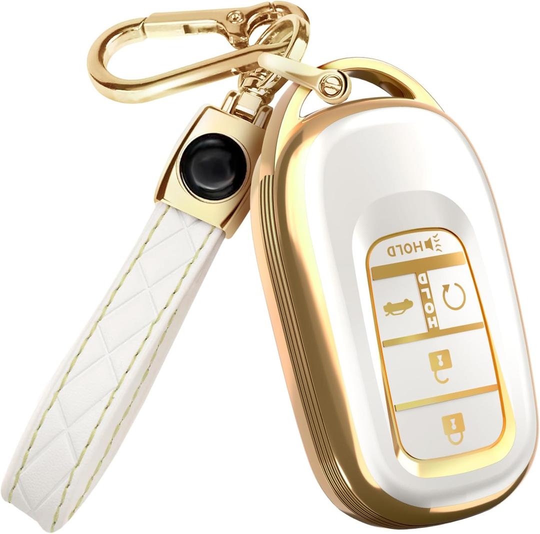 Lucrum Compatible with Honda Key Fob Cover & Leather Keychain - TPU Keyfob Case for Accord Civic CR-V HR-V Pilot Ridgeline, For 5 Button Remote (2022-2026) - White and Gold