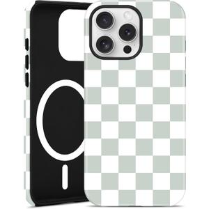 Jusy Compatible with MagSafe Checkerboard Phone Case for iPhone 15 Plus, Cute Aesthetic Checkered Magnetic Soft TPU and Hard PC Protective Phone Cover for Women GirlsMatte - Green & White
