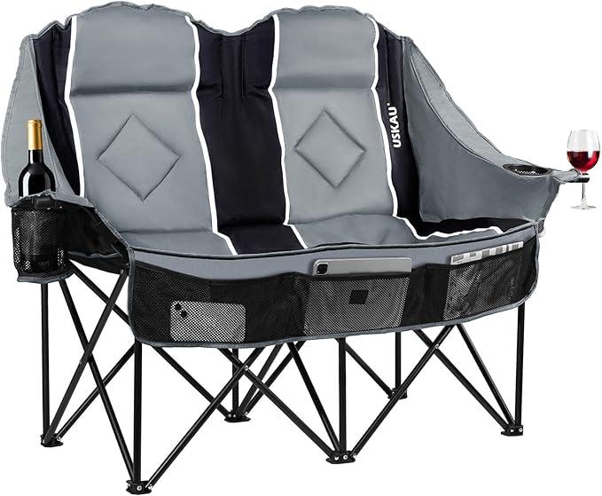 USKAU double camping chair for adults oversized two-person loveseat chair heavy people folding paddle over door seat with cup holder carry bag $660 lb capacity for camping sports backyard Color: Black/Loveseat