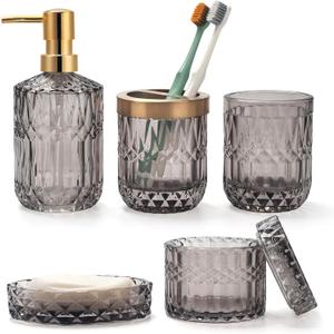 5PCS Grey Glass Bathroom Accessories Sets of Lotion Dispenser, Soap Dish, Toothbrush Holder, Tumbler, Cotton Swab Jars, Modern Bath Decor, Vintage Gift
