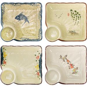 3 Pack 7.3-Inch Ceramic Sushi and Dumpling Plates with Divided Dipping Saucers, Japanese Style Chip and Dip Platters for Appetizers, Snacks, Charcuterie, Desserts, Salad, Party Serving