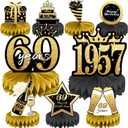 69th Birthday Decorations Set, 1957 Table Toppers for Women Men Birthday Party Supplies, Happy 69 Year Old Table Decoration for Mother and Dad, 9Pcs Black & Gold Honeycomb Centerpieces