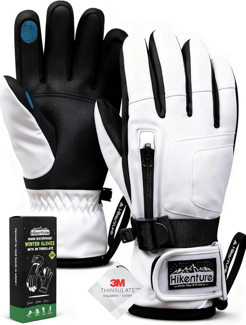 Hikenture Ski Gloves for Men & Women, 3M Thinsulate Waterproof Snow Gloves, Insulated Touchscreen Snowmobile Gloves for Cold Weather, Windproof Warm Skiing Gloves with Pocket (Medium, White)