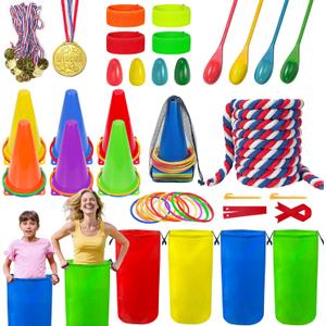 LINAYE Field Day Games Outdoor Activities, Carnival Lawn Yard Picnic Family Reunion Games Tug of War Rope Sack Race Bags for Adults and Kids Ring Toss Egg and Spoon 3 Legged Race for Birthday Party