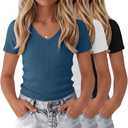 LessonZoo 3 Pack Girls Ribbed V Neck Shirts, 3-Color Set, 9-10 Years