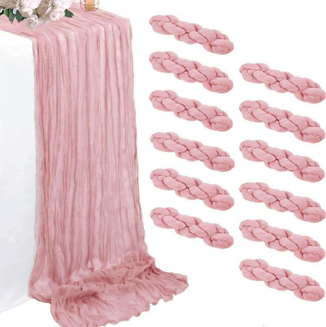 12 Pack Pink Cheesecloth Table Runners 35 x 120 Inch  Rustic Boho Gauze Table Runner for Wedding Arch, Party Decoration, Bridal Shower, Reception, Farmhouse Dining Decor