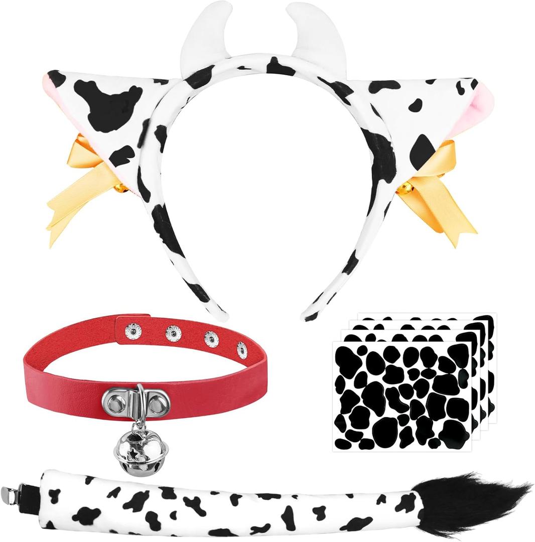 IncreDecor 7 Pcs Cow Costume Women Set Cow Ears Headband and Tail Bell Choker Stickers Halloween Adult Cosplay Accessories