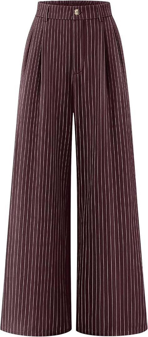 ZESICA Women's Wide Leg Striped Palazzo Pants 2026 Casual High Waist Straight Business Work Dressy Trousers with Pockets Red Brown Medium
