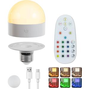  E26 Rechargeable Light Bulb with Remote and Timer,Battery Operated Light Bulb for Sconces and Lamps,E26 Detachable Charging for Non-Hardwired Fixture, 3 Color Temperatures + 12 RGB Colors,2P