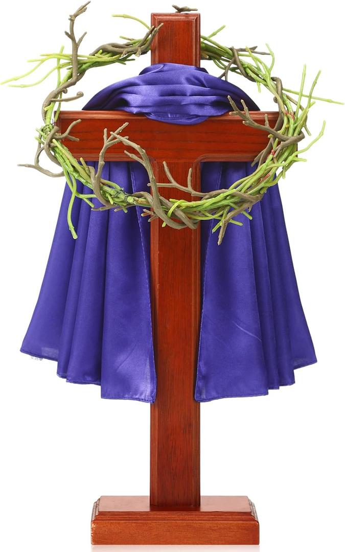 Lineshading 16 Inch Easter Standing Cross Decor Wood Cross with Base Purple Scarf Thorn Crown Decorative Baptism Centerpieces for Tables Church Decor Religious Jesus Christ Gift