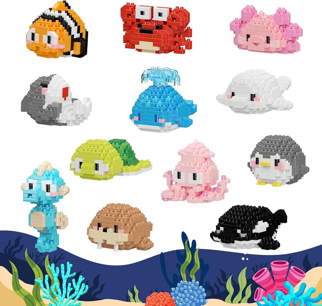 12 Pack Cute Ocean Sea Animal Mini Building Blocks Sets, 2642 PCS Micro Mini Building Bricks Toy for Adults, Party Favors for Teen Boys Girls 14+