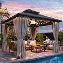 YITAHOME 10X10FT Gazebo Patios Hard Top Outdoor Double Roof Canopy Aluminum Frame Garden Gazebo with Curtains Netting for Backyards Decks Lawns, Gray