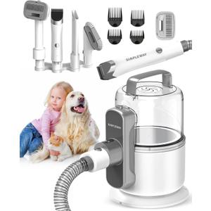 Dog Vacuum Grooming Kit for Shedding: Professional Hair Clippers Pet Groomer - Strong Suction Cleaner Deshedding Tool Fur Brush Attachment Trimmer for Home Cat (Pale White)