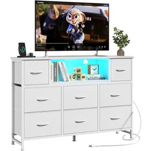 Simple Deluxe TV Stand Dresser with 8 Fabric Drawers and Open Shelves, Entertainment Center with LED Lights & Charging Station, Wood Top for 45" -55" TV, for Bedroom/Living Room/Hallway, White