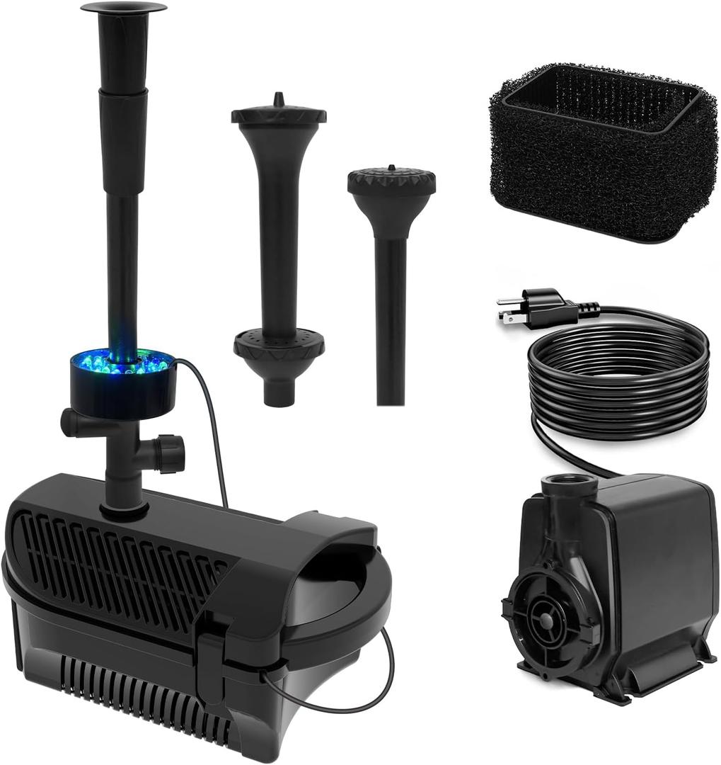 1320GPH/100W Large Water Fountain Pump with RGB Auto-Cycle LED Lights, Pond Pump Fountain Kits for Outdoor, Pond Equipment with 3 Nozzle Options, Adjustable Water Flow, IPX8 waterproof, Black