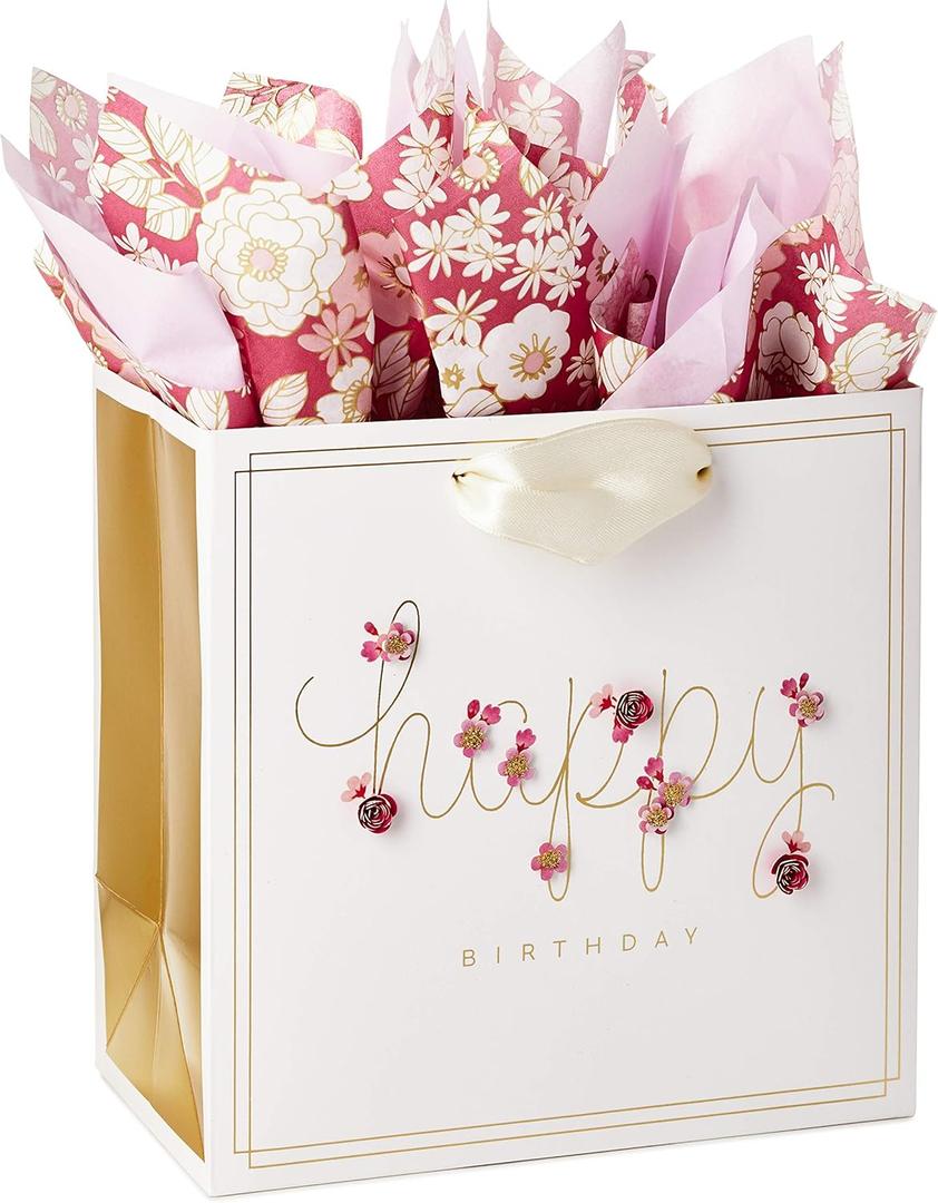 Hallmark Signature 7" Medium Birthday Gift Bag with Tissue Paper (Pink Flowers) (1 Count (Pack of 1))