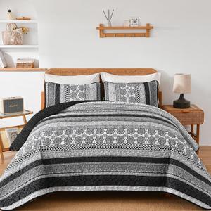 WONGS BEDDING Boho Quilt Set Full Size, Grey Bohemian 3 Pieces Quilt Sets, Lightweight Microfiber Bedspread Coverlet Bedding Set for All Season (78"x90")