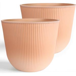 Worth Garden Round Large Planter Pot Set of 2, 17.5" Dia x 15.5" H - Durable Plastic Terracotta Plant Tree Pots with Vertical Stripe Textured Finish, Drainage Hole for Indoor Outdoor Front Porch Patio, 2-Pack