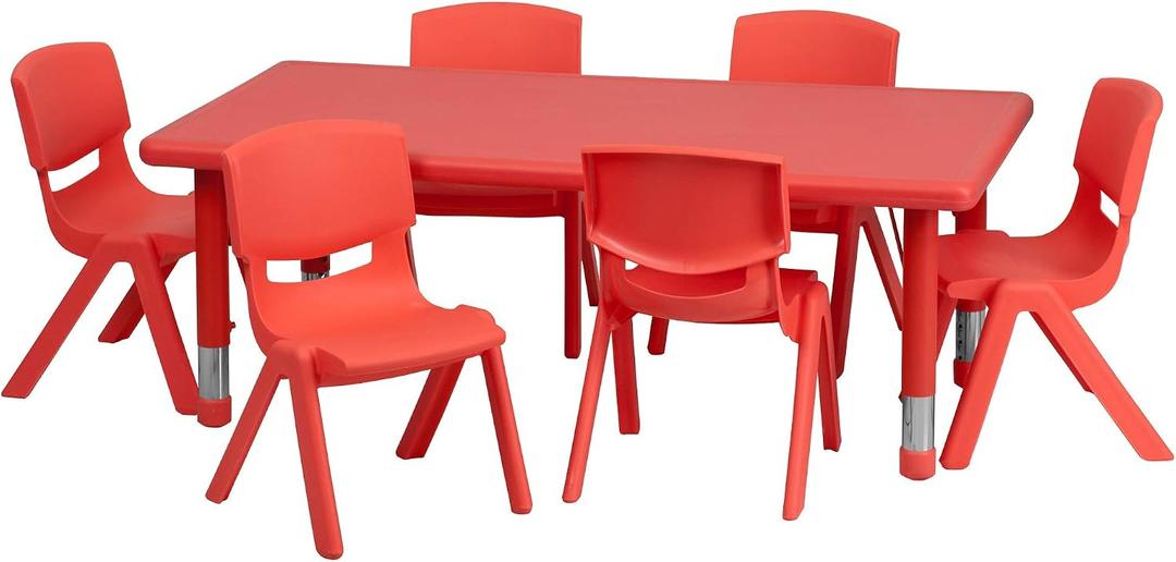 Flash Furniture 48x24 in Plastic Activity Table with 6 Chairs, Red, 24"W x 48"D x 14.50" - 23.75"H