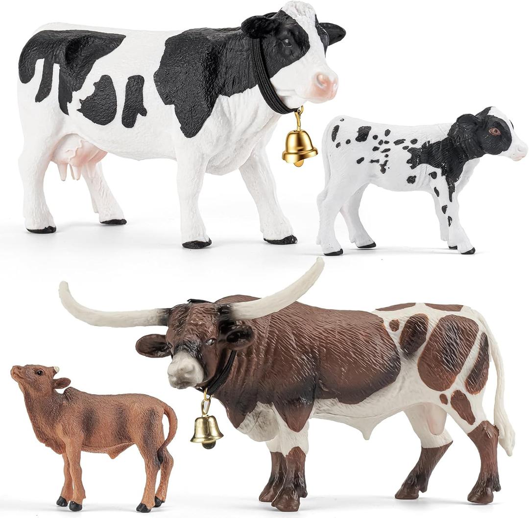 THINKBAY 4PCS Cows Bulls Longhorn Farm Animal Figurines Toys for Kids, Plastic Cow Farm Animals Figures for Boys Girls Include White Holstein & Texas Longhorn and 2 Calfs, Cake Toppers Party Favors