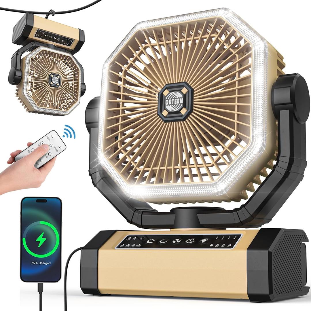 Rechargeable Camping Fan - 9-Inch Battery Operated, 10000mAh(30Hrs) Auto Oscillating Fan with Remote/Light, 4 Speeds, 4 Timing, Outdoor