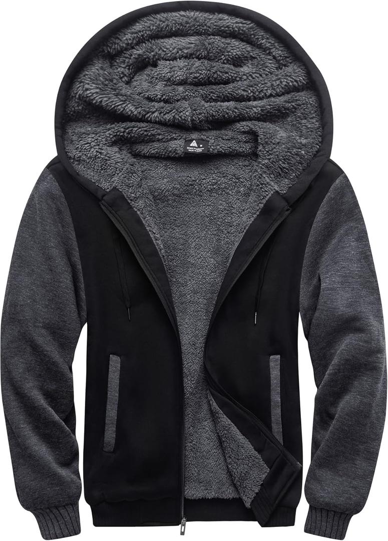 SCODI Hoodies for Men Heavyweight Fleece Sweatshirt - Full Zip Up Thick Sherpa Lined Hooded Jacket (XX-Large, Black Grey)