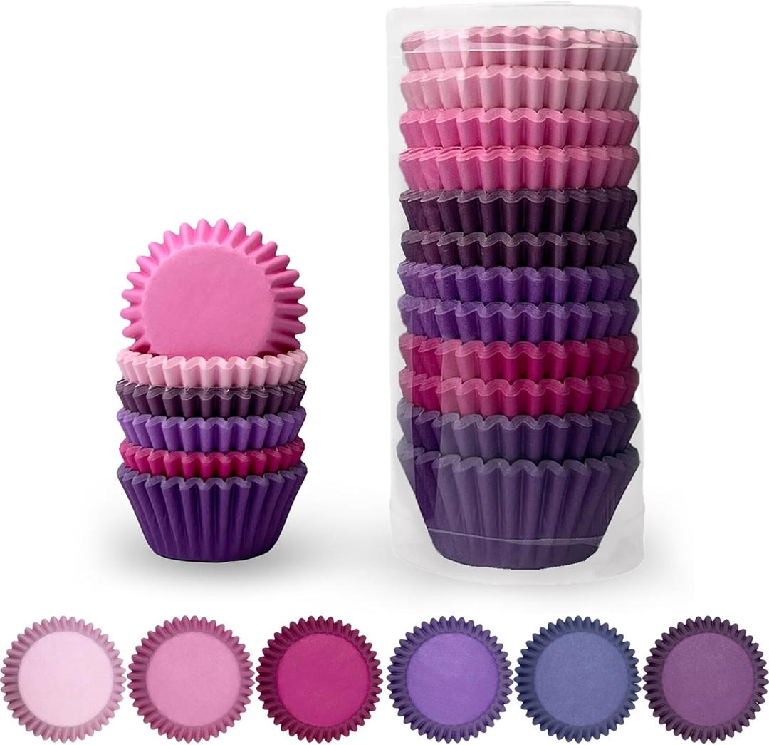 qiqee Mini 300-Count Cupcake Liners Cupcake Cups Food Grade 6 Solid Pink Purple Colors Cupcake Papers Baking Cups Cupcake Wrappers (Mini Size)