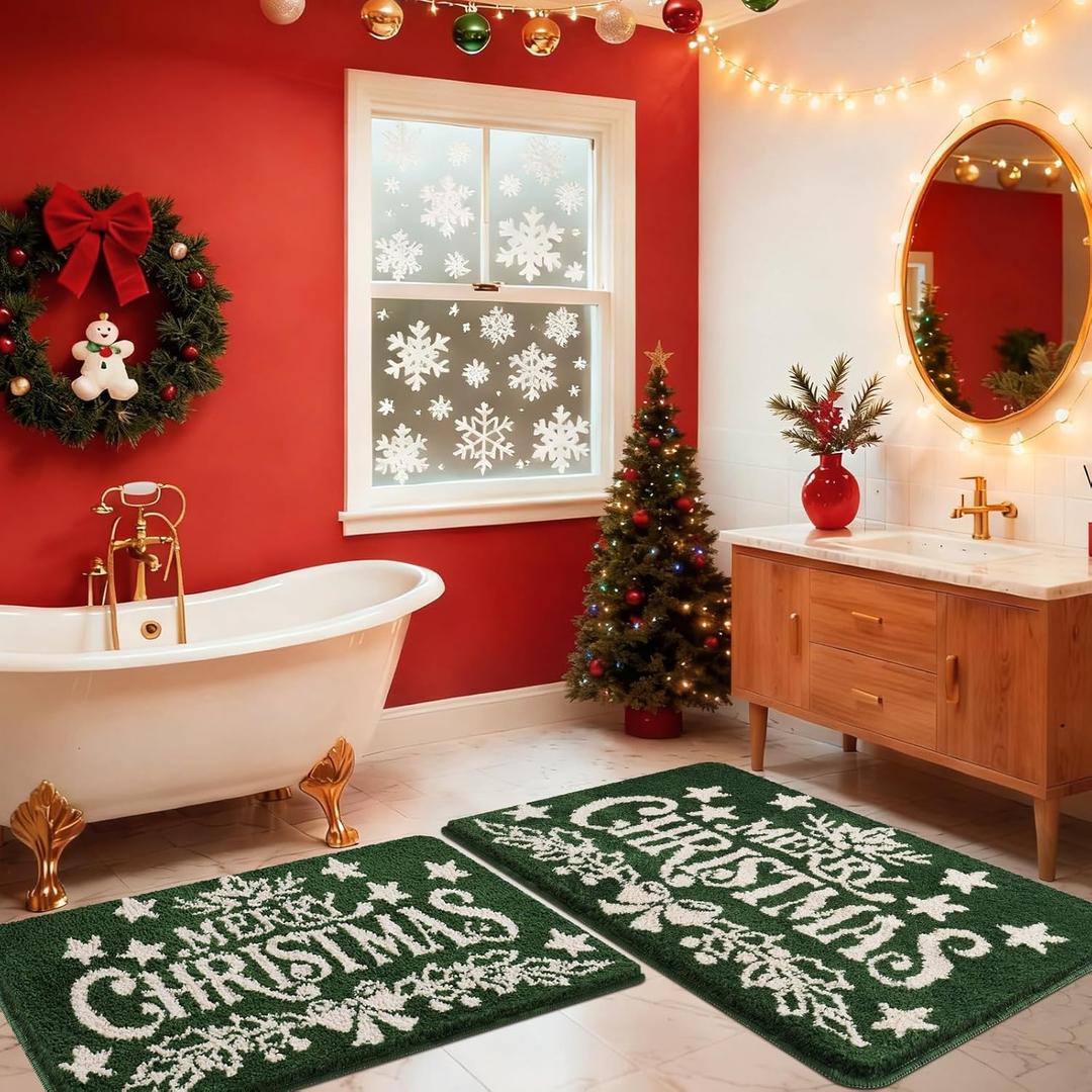 SmileYes Bathroom Rug 2 Piece, Extra Soft Absorbent Microfiber Thick Plush Fluffy Bathroom Rugs, Non-Slip Backing, Machine Washable Bath Rugs, Holiday Xmas Decor Indoor Bath Mats, Green, Xmas Letters