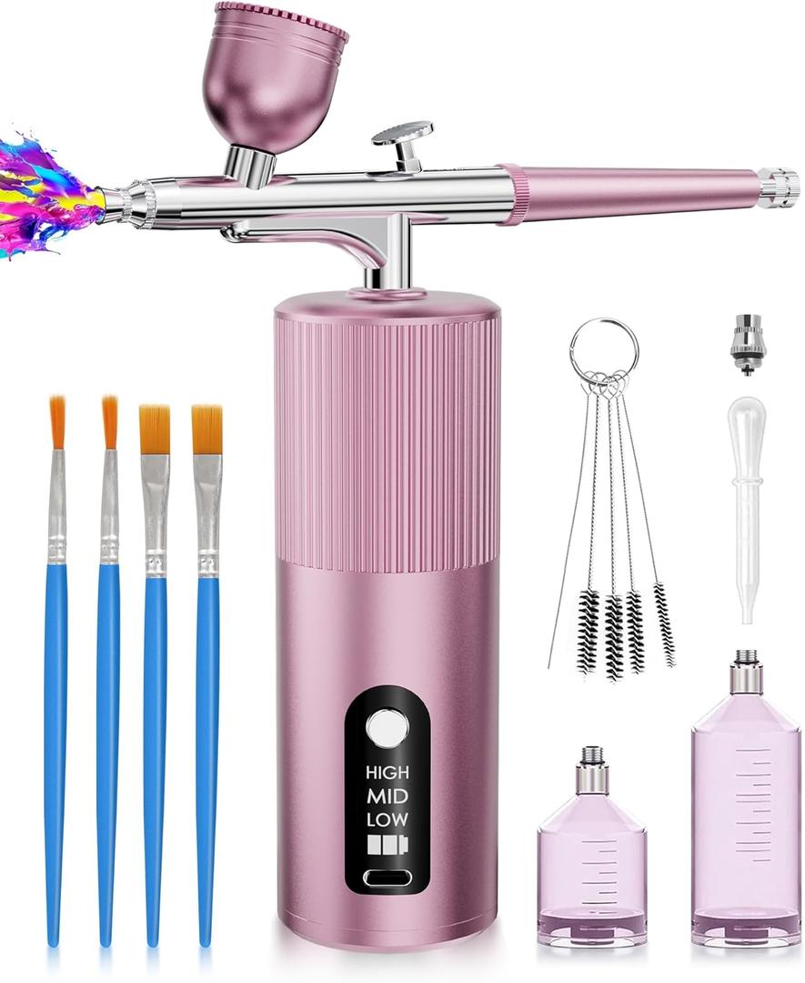 Airbrush Kit with Compressor - Airbrush for Nails,48PSI Screen Display Air Brush,Rechargeable Wireless Airbrush Gun Machine for Nail Art, Makeup, Painting, Cake Decor (Pink)