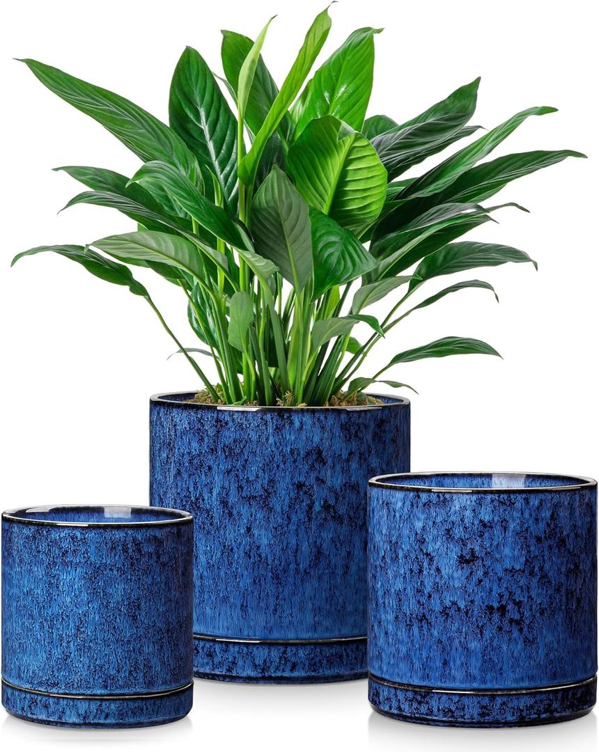 Vancasso Ceramic Plant Pots, 3 Piece Planters for Indoor Plants, 4.25+5.25+6.25 Inch Flower Pots with Drainage, Plant Pots Indoor for Succulent, Pothos, Snake Plant and Money Tree, Etc (Blue)