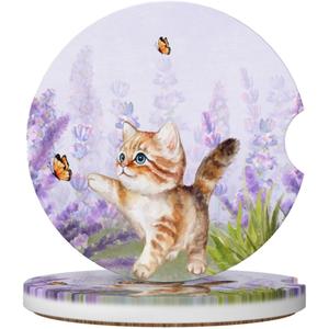 2 x Lavender Butterfly Cute Cat Car Coasters for Cup Holders,2 Pack Car Cup Holder Coasters for Car,Ceramic Absorbent Car Coaster with A Finger Notch and Cork Base,Car Interior Accessories for Women Men