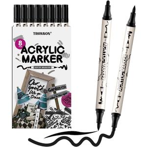 TRANSON 8 Pack Black Brush and Bold Dual-tip Acrylic Paint Marker for DIY Glass Canvas Wood Leather Ceramic Rock Painting