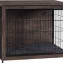 DWANTON Dog Crate Furniture with Cushion, Wooden Kennel Table with Double Doors, Indoor Dog House, Medium Size, 32.5" L, Dark Gray