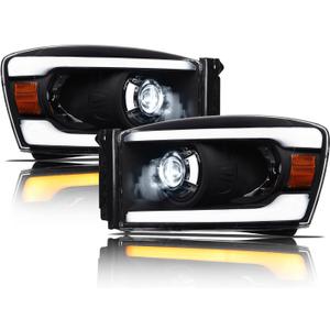 Alpha Owls 8711330 Full LED Projector Headlights With Switchback Sequential LED Light Bar & Startup Light - Black Amber Fits 2006-2008 Dodge Ram 1500/2006-2009 2500 3500