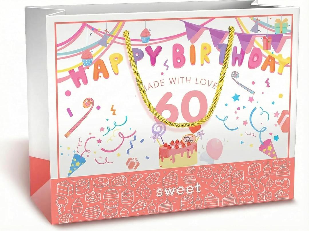 BOPLYBAY 60th Birthday Gift Bag for Women with Card & Tissue Paper - Large 13" Pink Age 60 Party Favor Bag, 60 Year Old Birthday Gifts Wrapping for Mom Grandma Wife