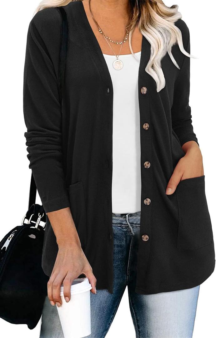 ULTRANICE Women's Cardigan Sweaters Lightweight Long Sleeve Open Front Knitted Button Down Cardigans Tops with Pockets (Medium, Black)