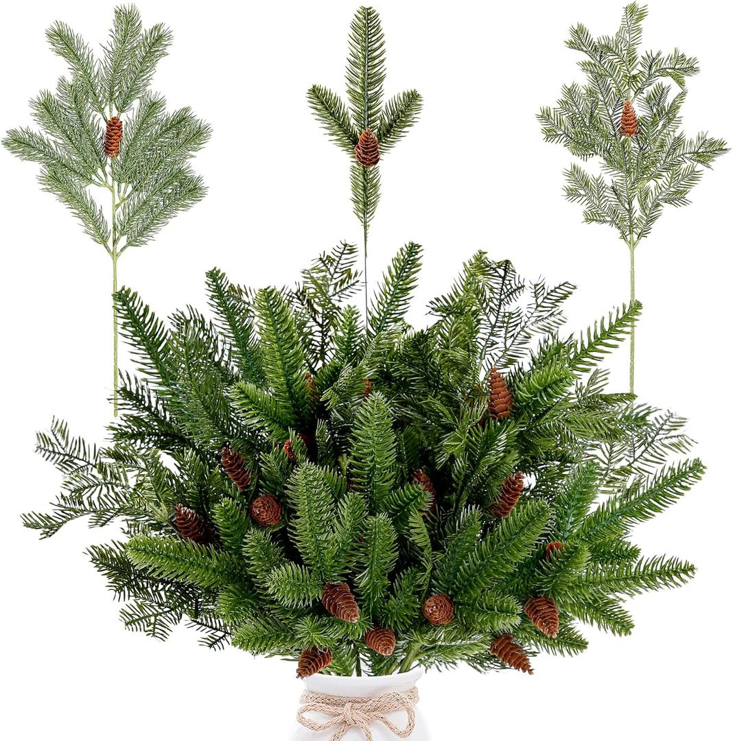 Sggvecsy 34 Pcs Artificial Pine Branches Faux Pine Needles with Pine Cones 19 Long Greenery Pine Picks Christmas Twigs Stems for DIY Garland Wreath Xmas Embellishing Home Garden Decoration
