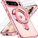 for Google Pixel 10 Pro XL Love Heart Kickstand Case with 2X Screen Protector: Luxury Plated Gold Edge Slim Soft TPU Shockproof Protection Case Cover for Pixel 10 Pro XL (Pink)