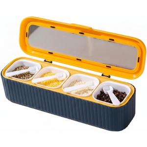 Clear Seasoning Box, 4PCS Seasoning Rack Spice Pots, Storage Container Condiment Jars Seasoning Box with Clear Covers and Spoons for Spice, Sugar, Salt, Pepper, Garlic Powder (Blue)
