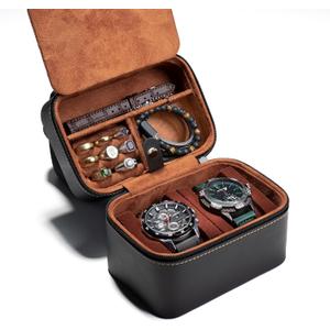 2 slots Watch travel Case Display Box, Hard leather watch storage organizer box fit watches up 52mm face,with insert for accessories. (BLACK, 2 SLOT)