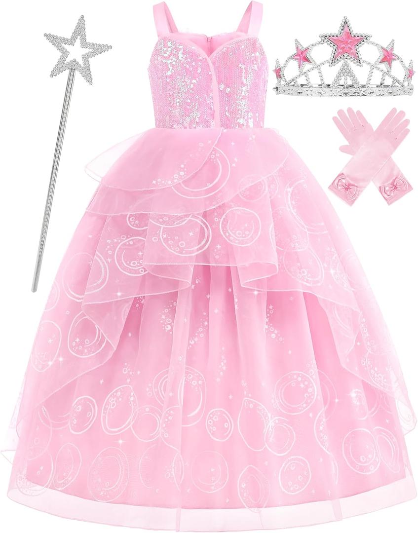 Pink Witch Dress for Girls Glitter Princess Costumes Pink Bubble Sequin Tulle Fancy Dress Up for Halloween Cosplay (3-4 Years)