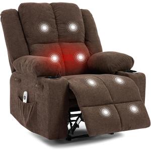 Manual Recliner Chair with Heating & Massage,Ergonomic Overstuffed Breathable Fabric Reclining Chair with Side Pockets,Q235 Steel Frame Lazy Boy Recliner Single Sofa for Living Room Bedroom (Brown)